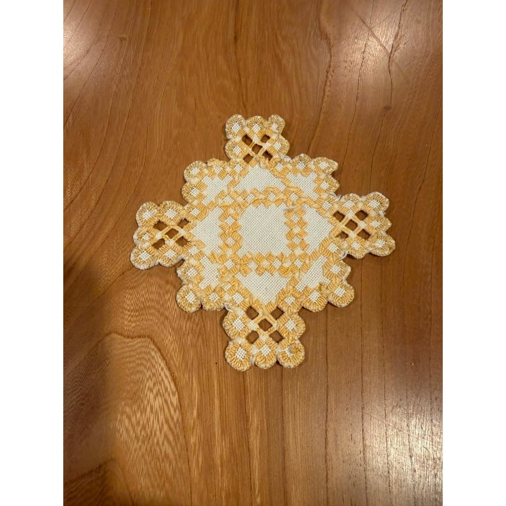 Vintage Hardanger Embroidered Doily Trivet Yellow White Geometric 6.5"